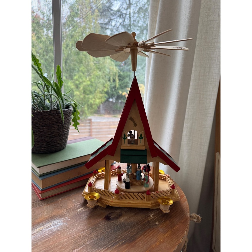 Vintage 14" Pine Wooden Christmas Pyramid Nativity Carousel Rotating Windmill